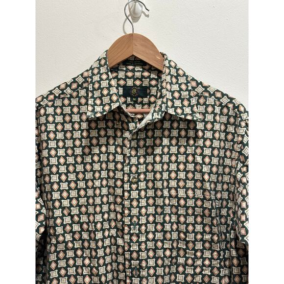 Club room button down geometric print 100% cotton men’s shirt green tan size M - Picture 3 of 6